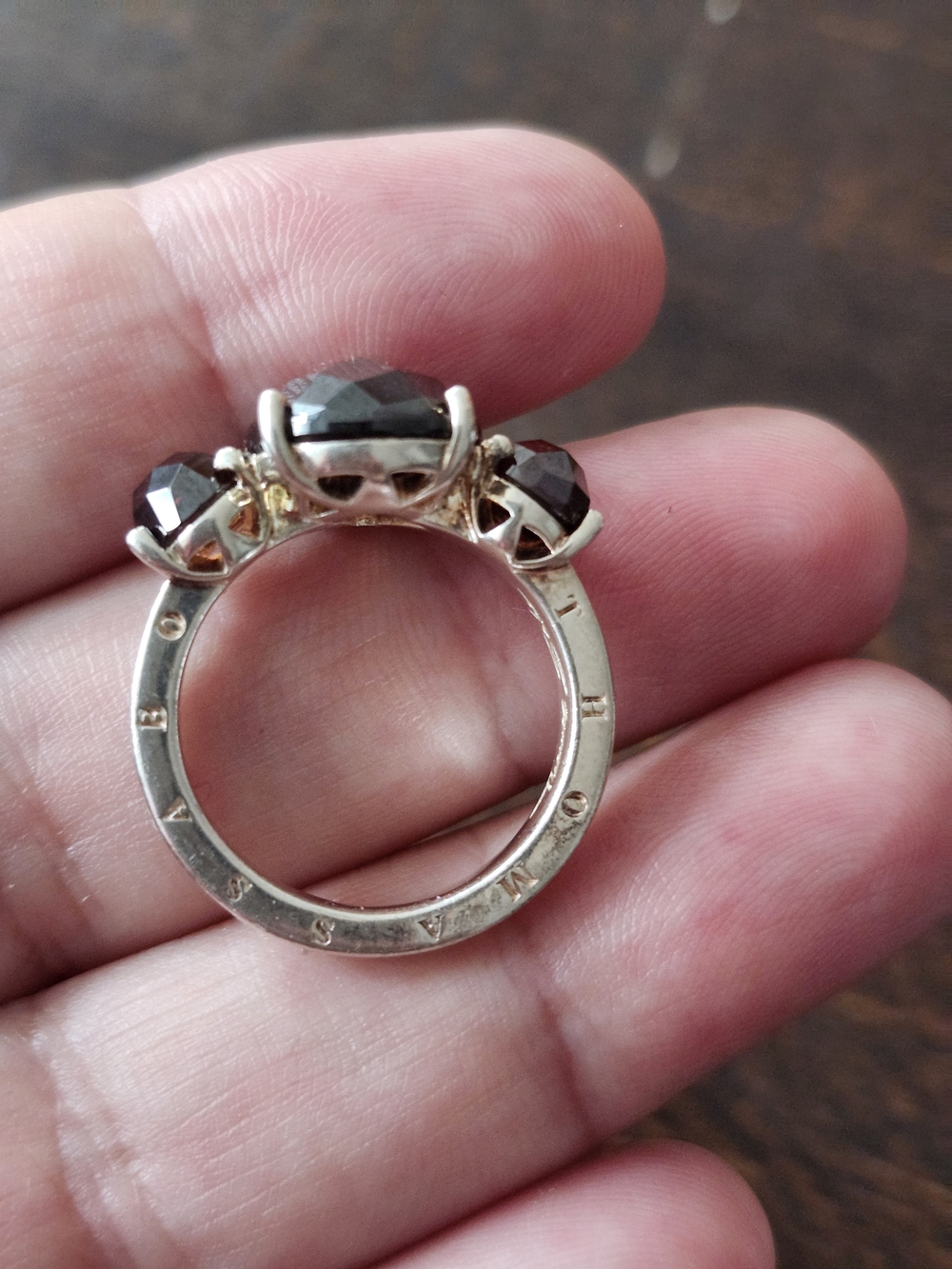 Sterling Silver Three-Stone Ring with Dark Brown Garnet Crystals